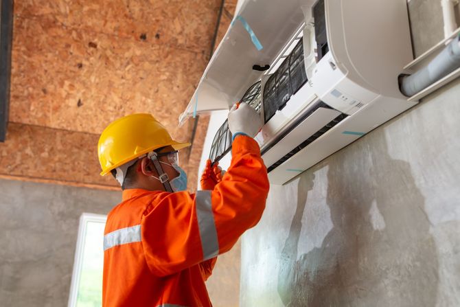 A man is working on an air conditioner on a wall.