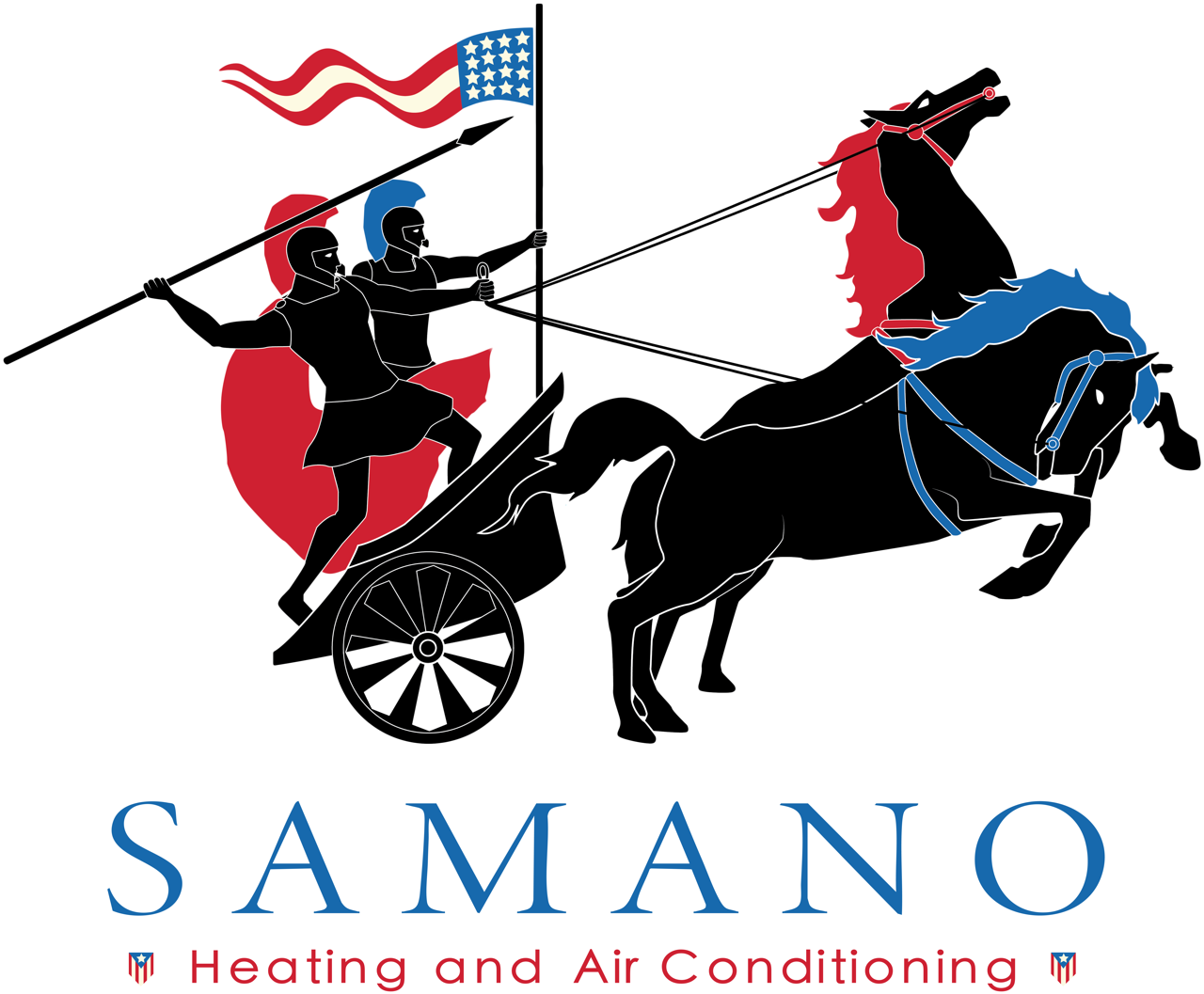 Logo for Samano Heating and Air Conditioning. Depicts two dark figures in a chariot pulled by a rearing black horse, with an American flag.