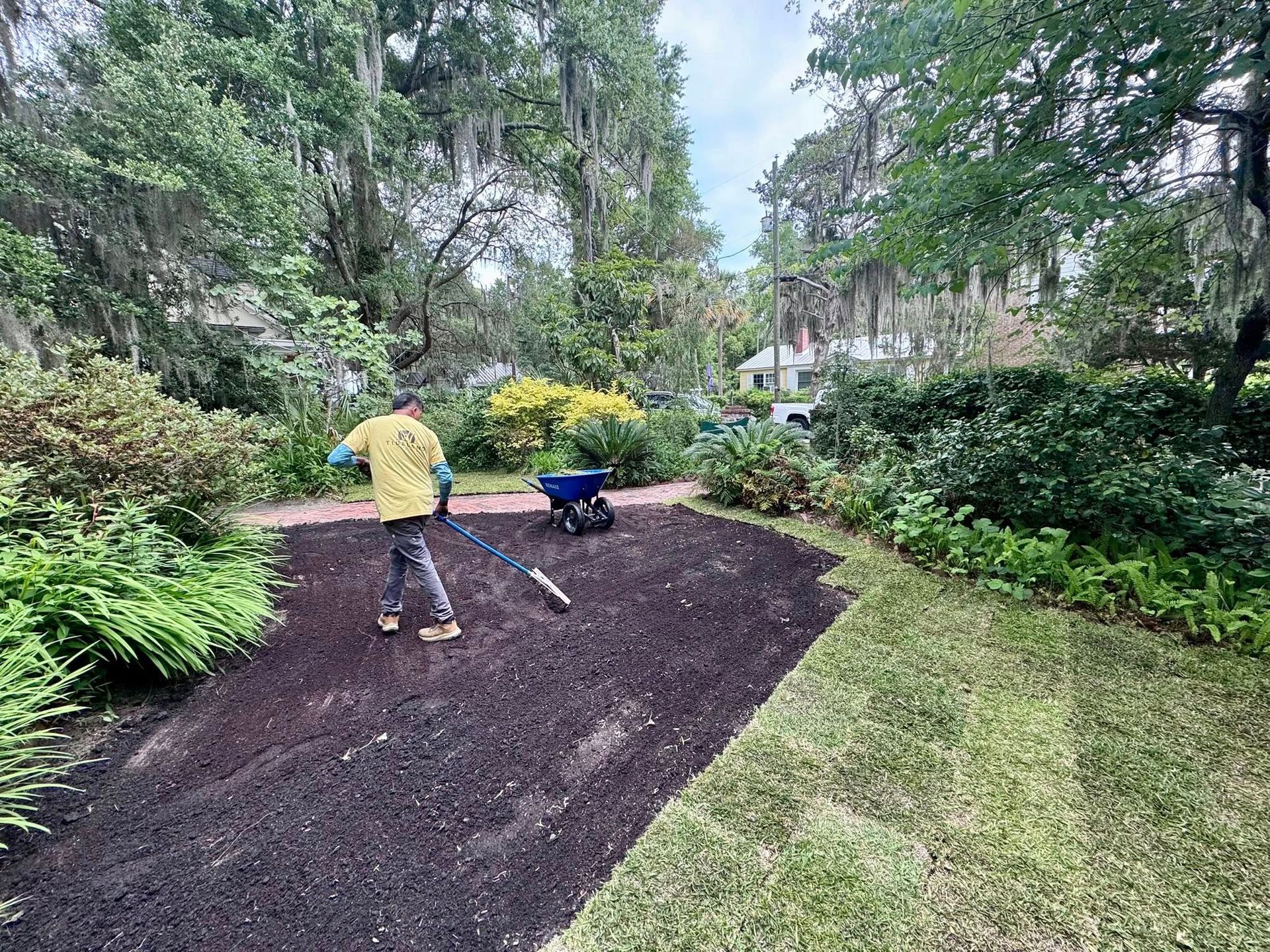 A person in a yellow shirt spreads dark mulch over a garden bed next to a blue wheelbarrow in a leafy, shaded backyard.
