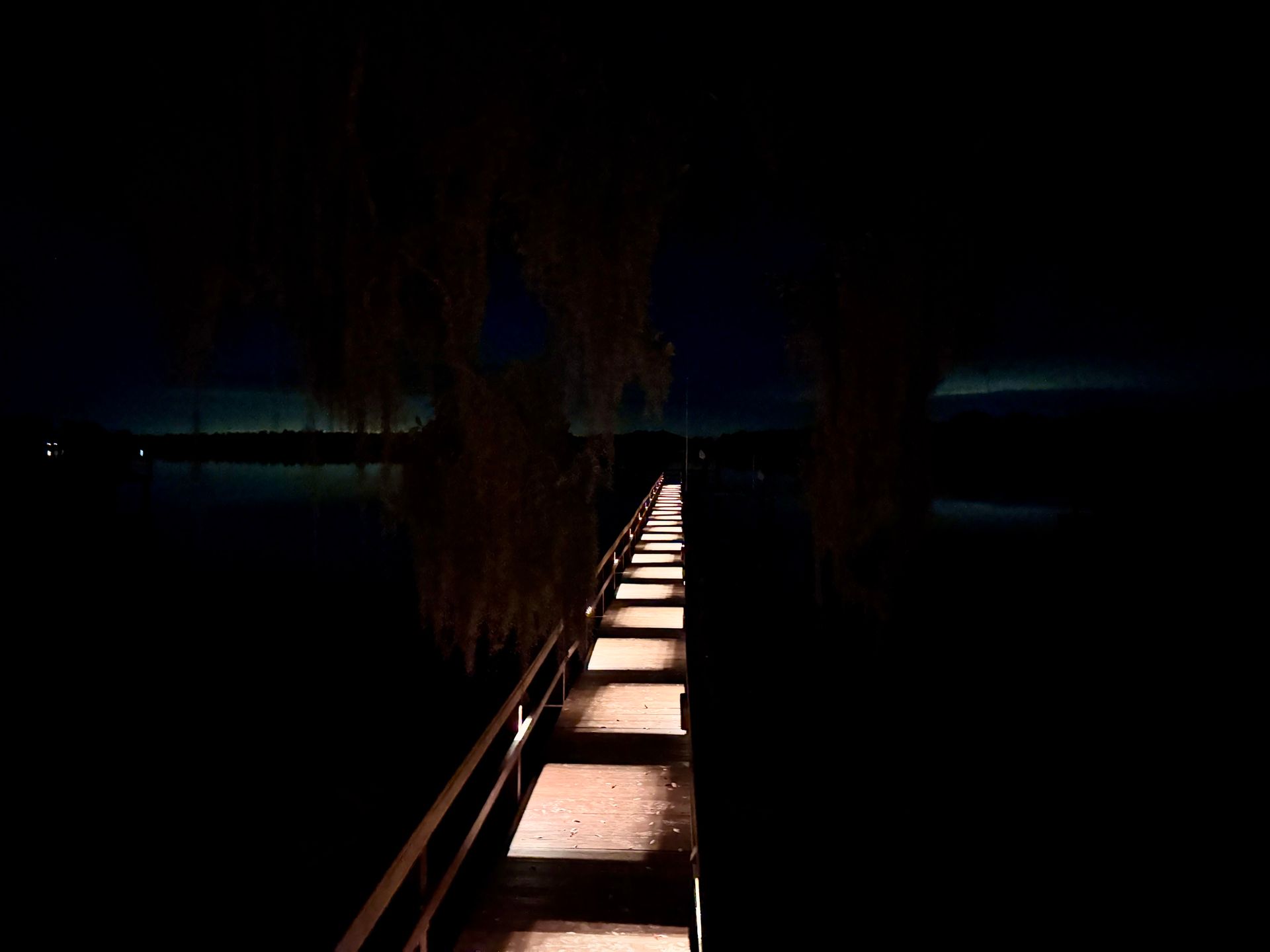 A lit wooden pier stretches into dark water at night, framed by the silhouettes of drooping tree branches.