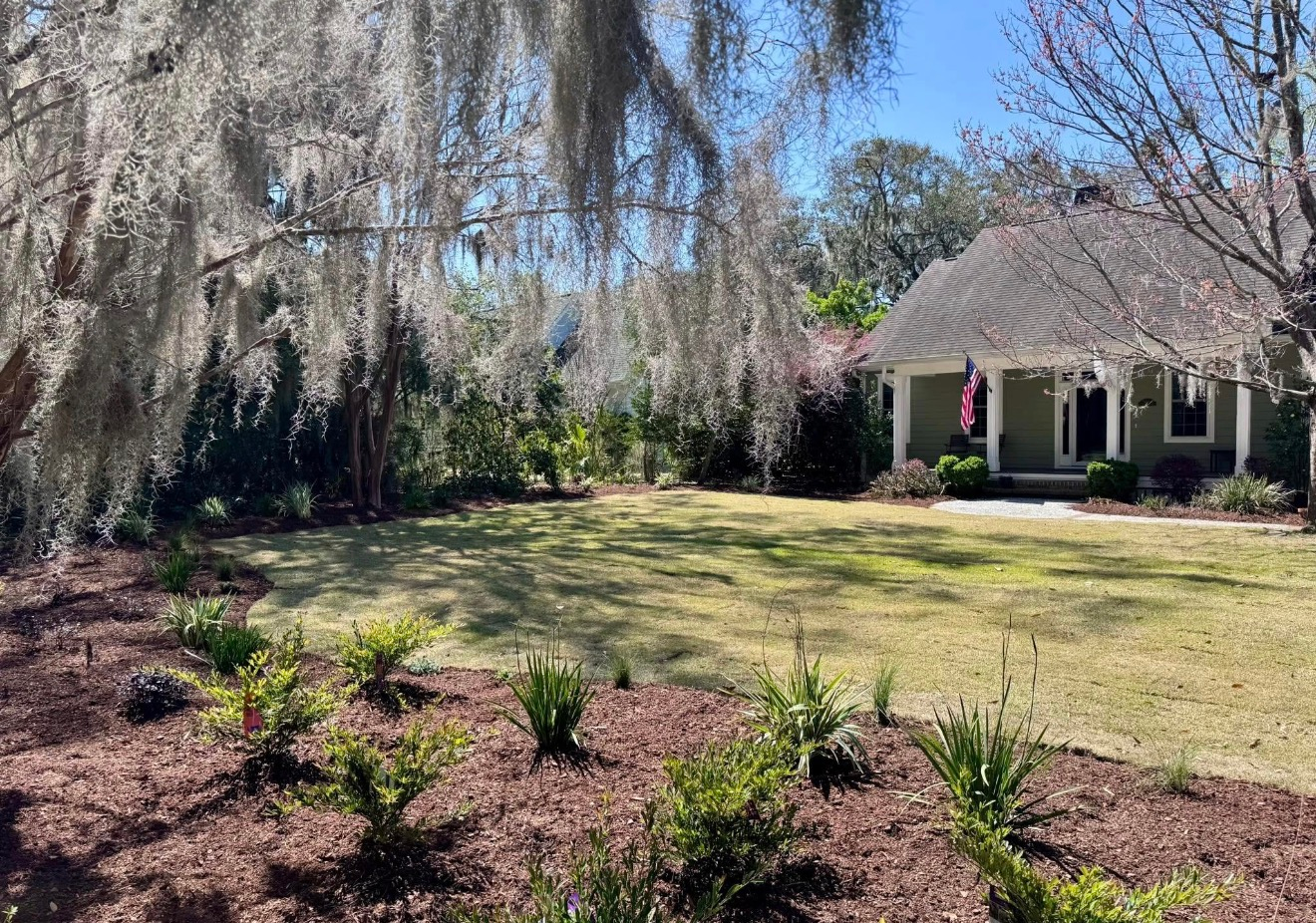 A green cottage with a covered porch sits behind a sunny lawn and a garden bed covered in dark mulch.