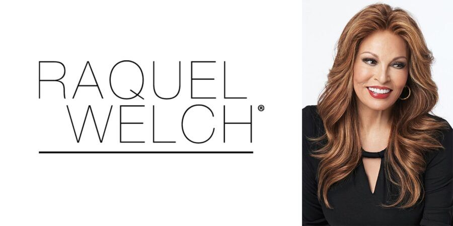 Raquel Welch logo beside a smiling woman with long auburn hair on a white background