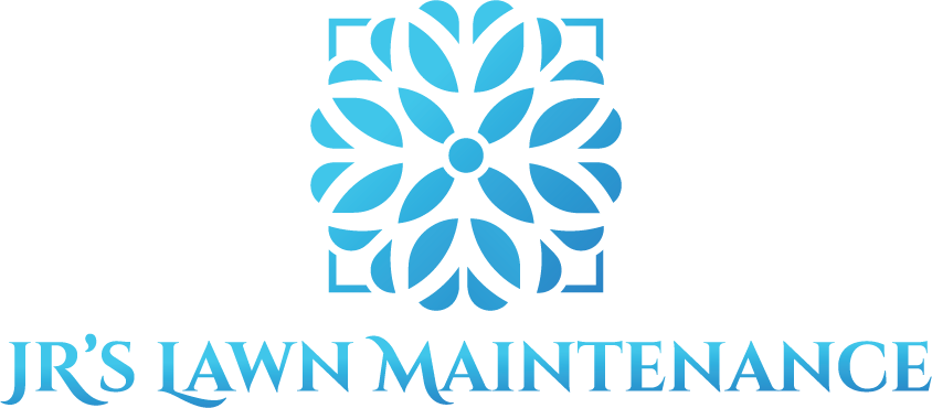 The logo for jr 's lawn maintenance has a blue flower on it.