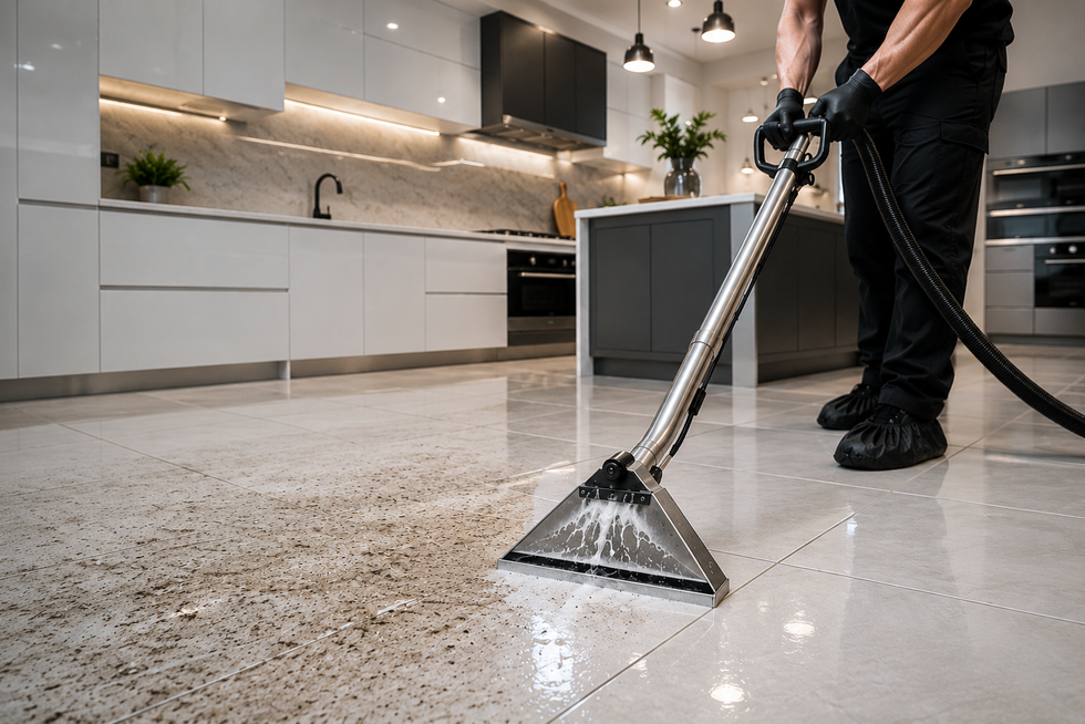 Person vacuuming a wet kitchen floor with a carpet extractor in a modern kitchen