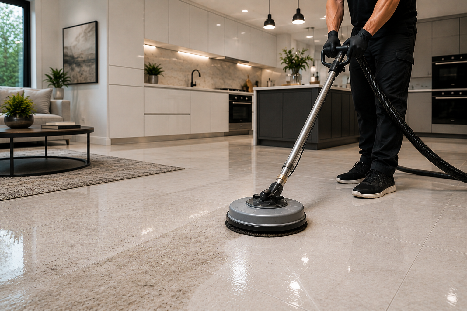 Person using a floor buffer on a glossy kitchen floor in a modern home