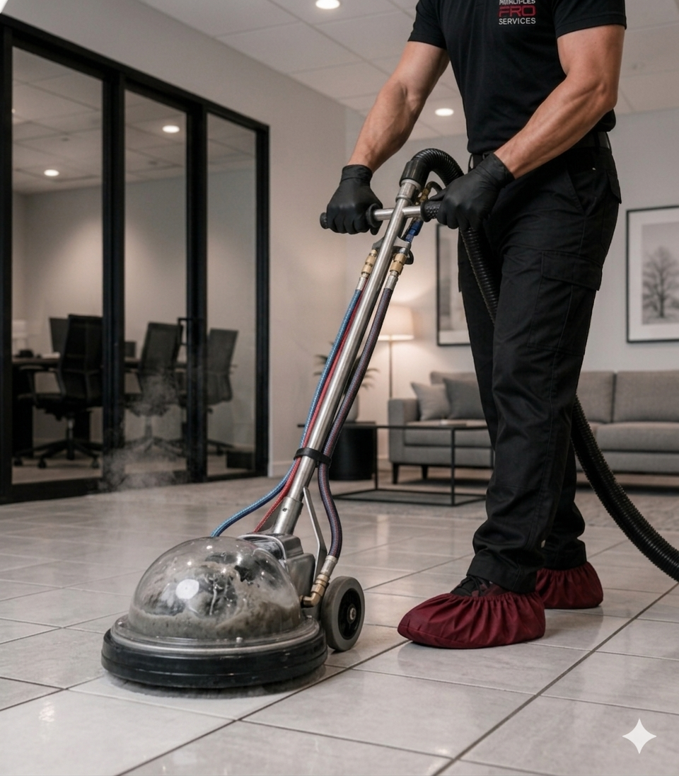 Worker cleaning tiled floor with a commercial floor buffer in an office space