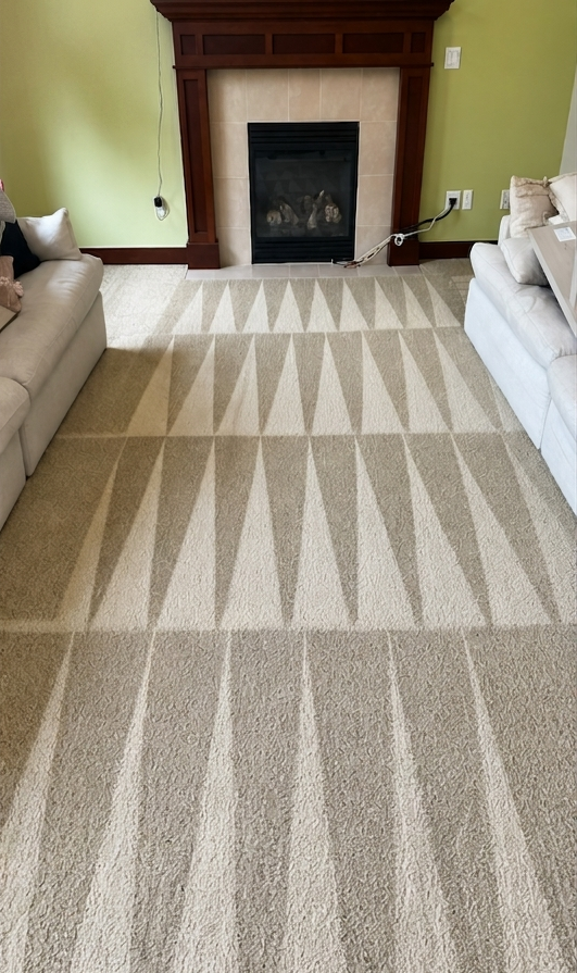Living room with beige patterned carpet, two sofas, and a dark wood fireplace mantle