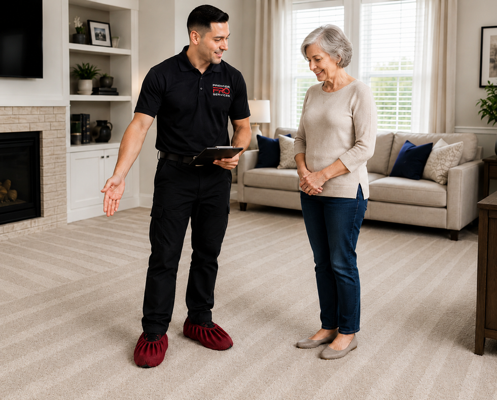 Two people standing in a living room, one holding a tablet and gesturing toward the carpet.