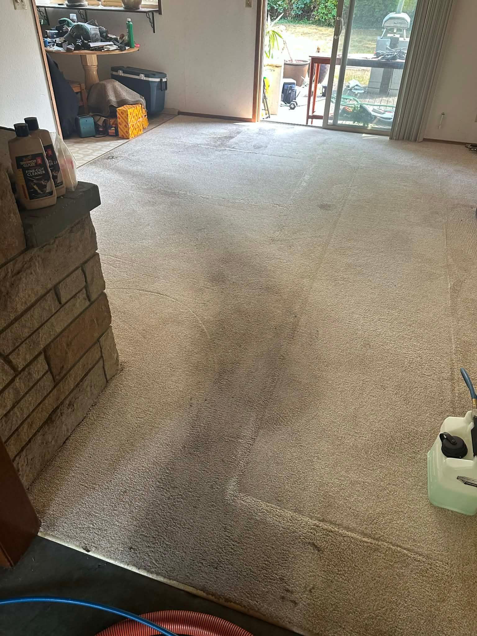 Carpeted living room with a brick fireplace and sliding glass door to a patio.