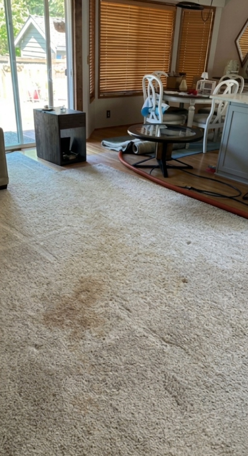Empty carpeted living room with a ceiling fan, window blinds, and a white dining set in the corner