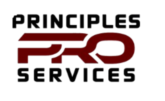 PRINCIPLES PRO Services logo with black text and a maroon stylized “PRO” on a white background