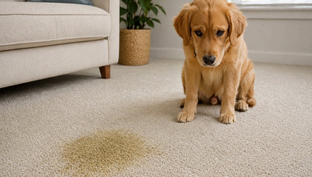 Golden puppy looking down at a wet spot on a beige carpet in a living room.