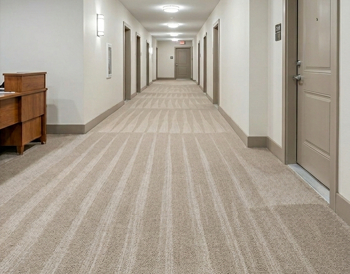 Long beige hallway with doors on both sides and a small wooden cabinet on the left
