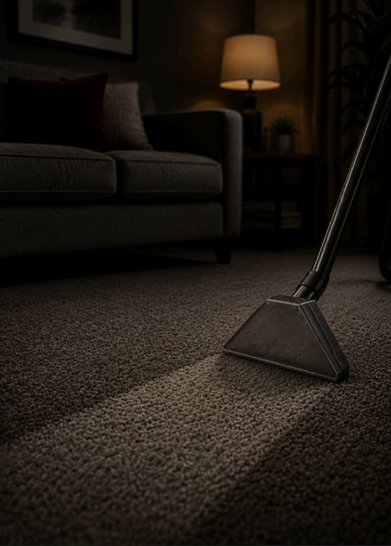 Carpet cleaner vacuuming a dim living room beside a sofa and lamp.