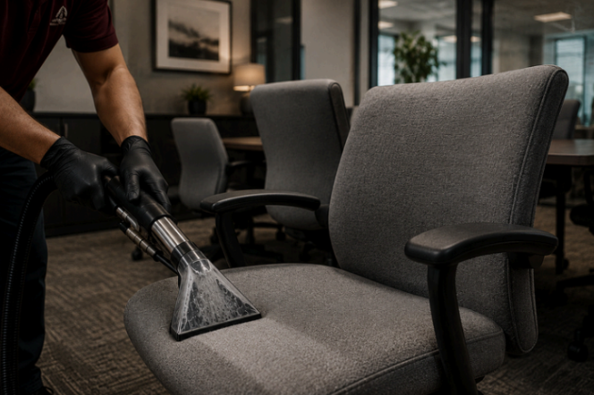 Worker vacuuming a gray office chair in a conference room