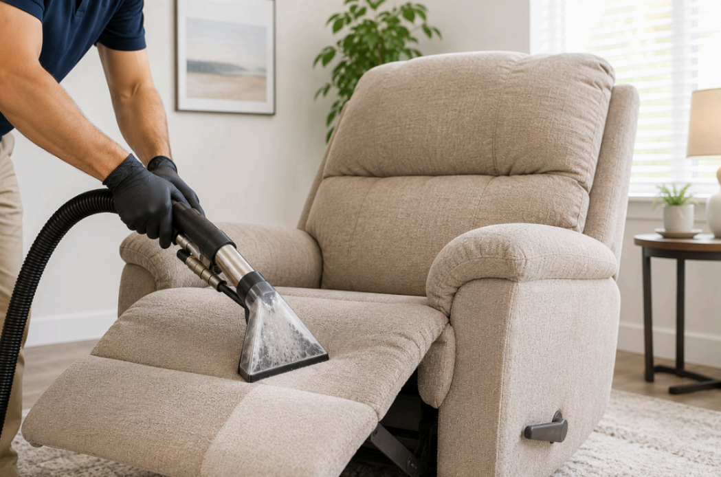 Person vacuuming a beige recliner chair in a bright living room