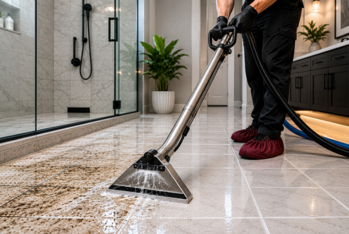 Person steam-cleans a tiled bathroom floor with a vacuum-style cleaner.