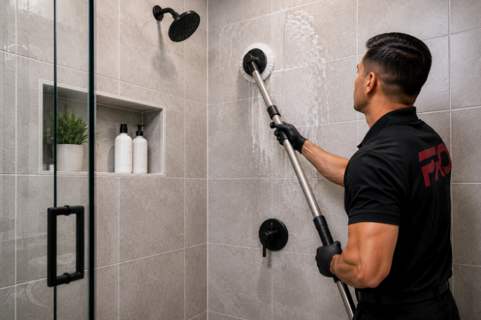 Man cleaning a tiled shower wall with a spray wand in a modern bathroom