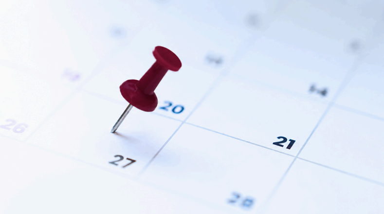 Red pushpin marking a date on a calendar page