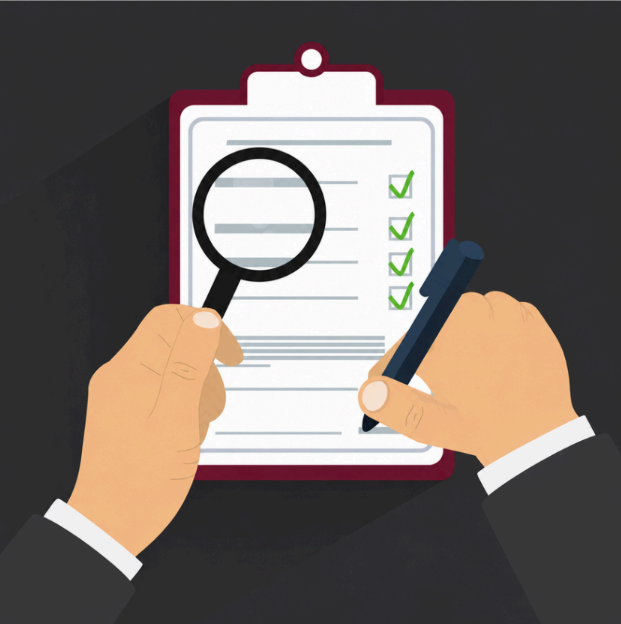 Hands using a magnifying glass and pen on a checklist clipboard with green checkmarks