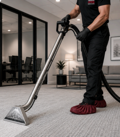 Worker using a carpet cleaner in a modern office with gray carpet and large windows