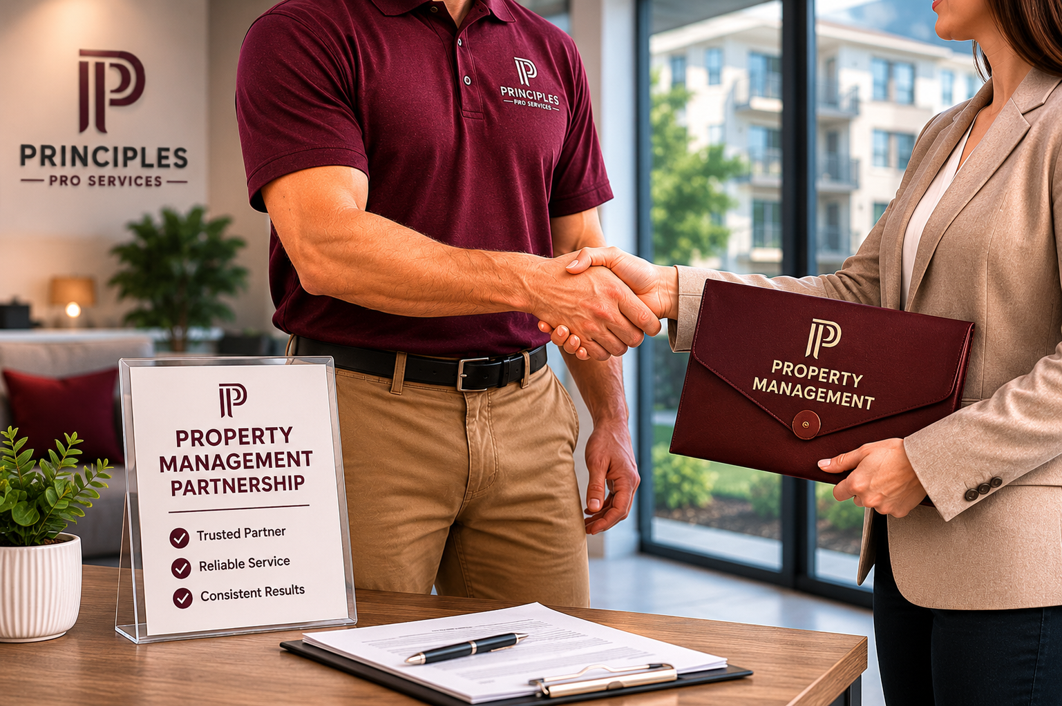 Real estate meeting at a table with a maroon-branded folder and a property management sign indoors