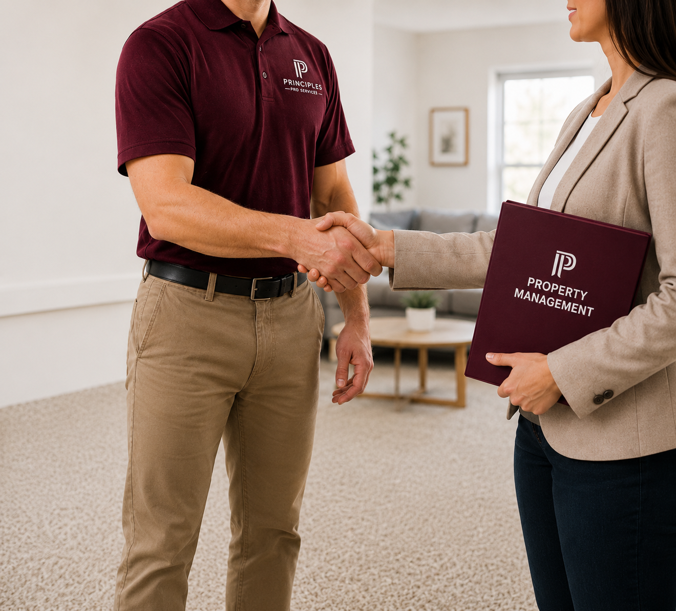 Two people shaking hands in a bright office; one holds a maroon folder.