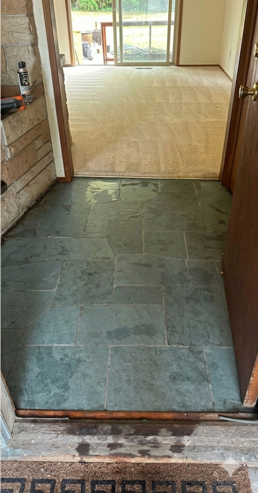 Narrow hallway with a raised wooden threshold leading to a carpeted room and sliding glass doors.