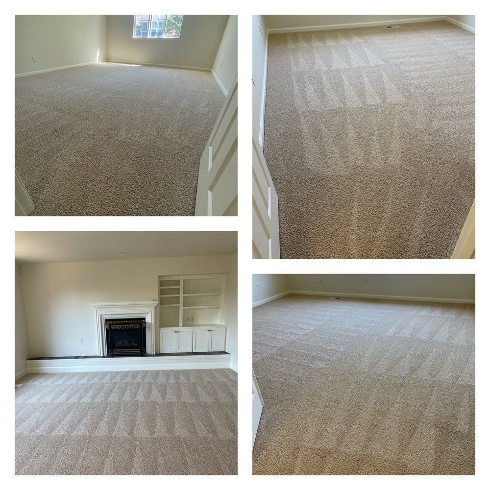 Empty beige carpeted room with fireplace and built-in shelving, shown from multiple angles.