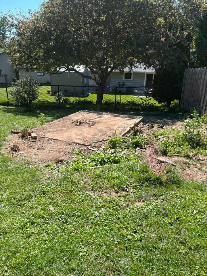 Backyard with a bare dirt patch, green grass, and trees in bright sunlight.
