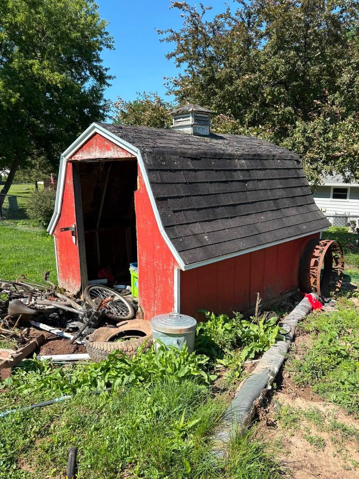 Red garden shed with open door, black shingled roof, and debris outside in a grassy yard.