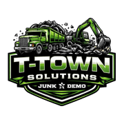 T-Town Solutions junk and demo logo with green dump truck and excavator hauling debris
