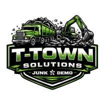 T-Town Solutions junk and demo logo with green dump truck and excavator hauling debris