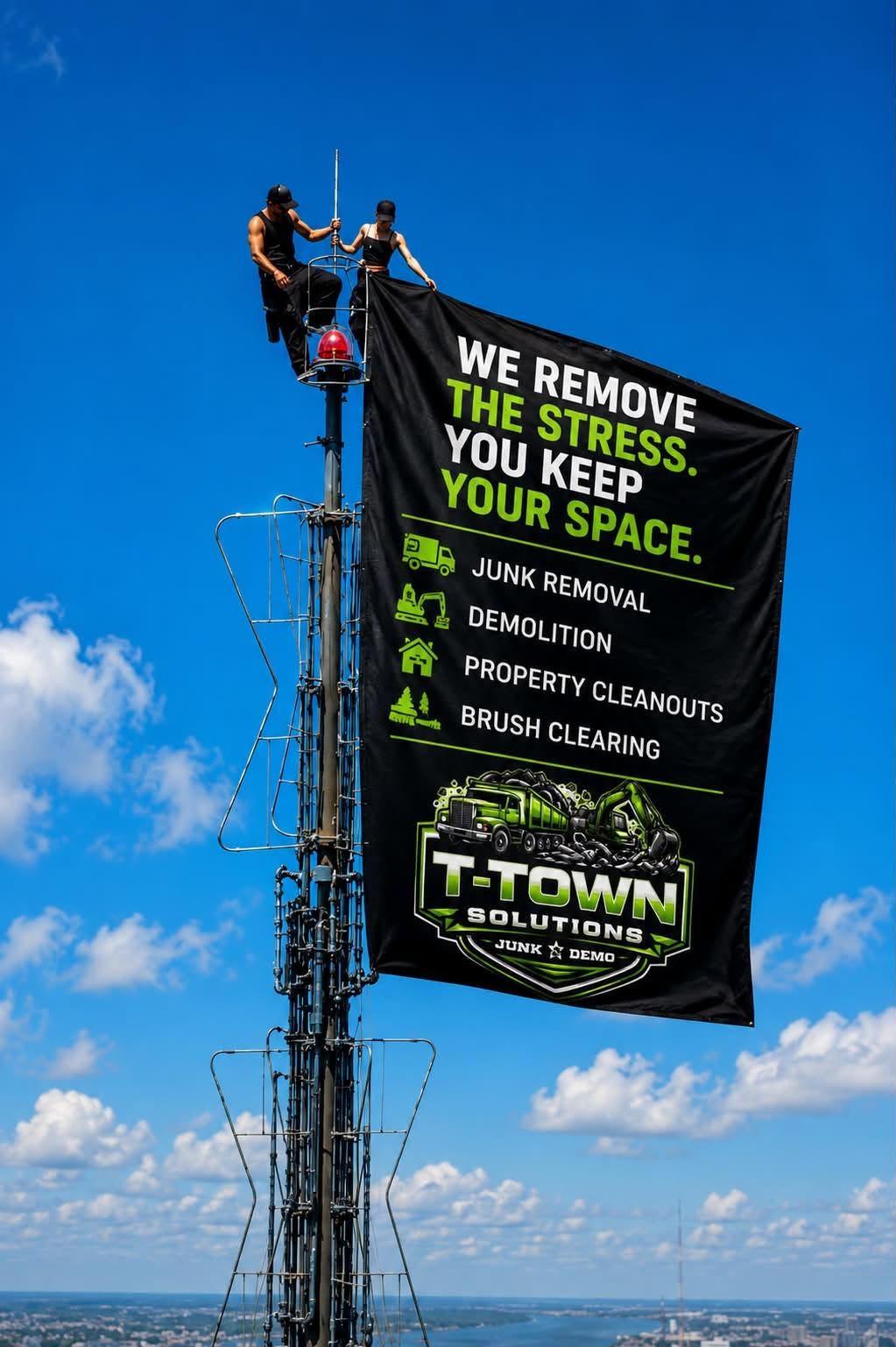 Workers hanging a large black protest banner on a tall tower against a blue sky.