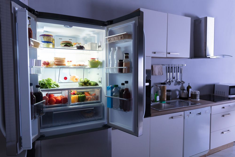 A Modern Refrigerator With A Full Door Filled With Vegetables — Entire Trades in Port Stephens, NSW