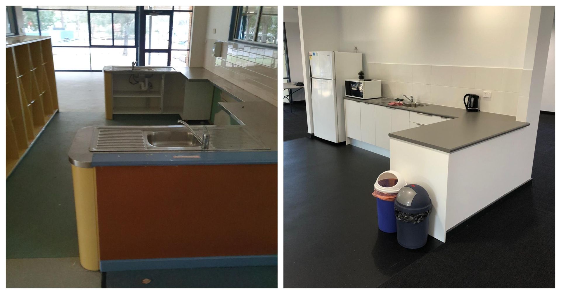 Two Pictures of A Kitchen Before and After Being Remodeled — Entire Trades in Maitland, NSW