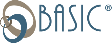BASIC logo with overlapping blue and tan circles and gray-blue wordmark on white background