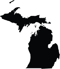Black silhouette map of Michigan with Upper and Lower Peninsulas on a white background