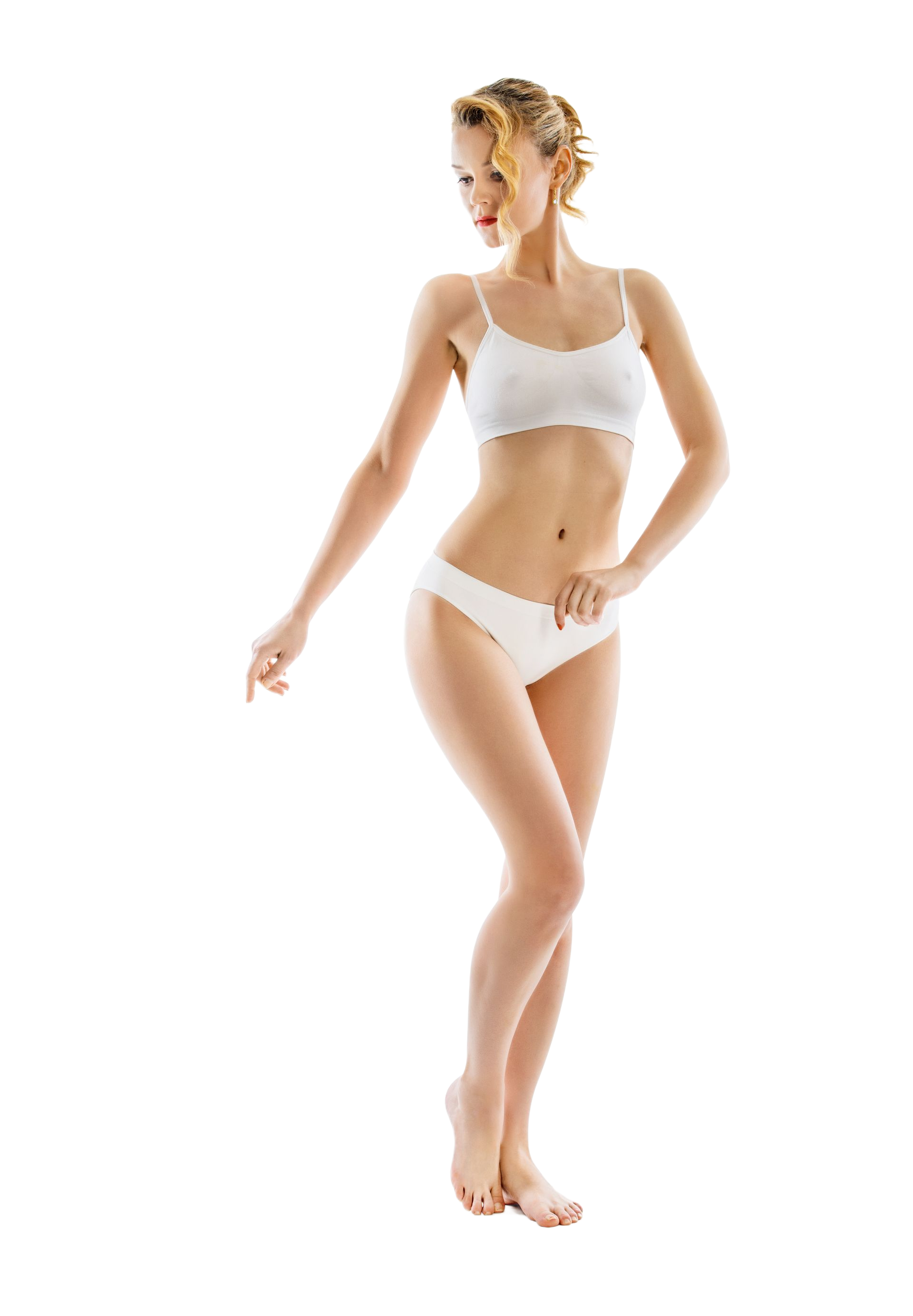 Woman in white lingerie posing against a white background.
