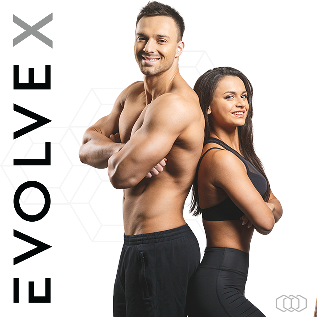 Two fitness models pose back-to-back beside the vertical word “VOLVEX” on a white background.