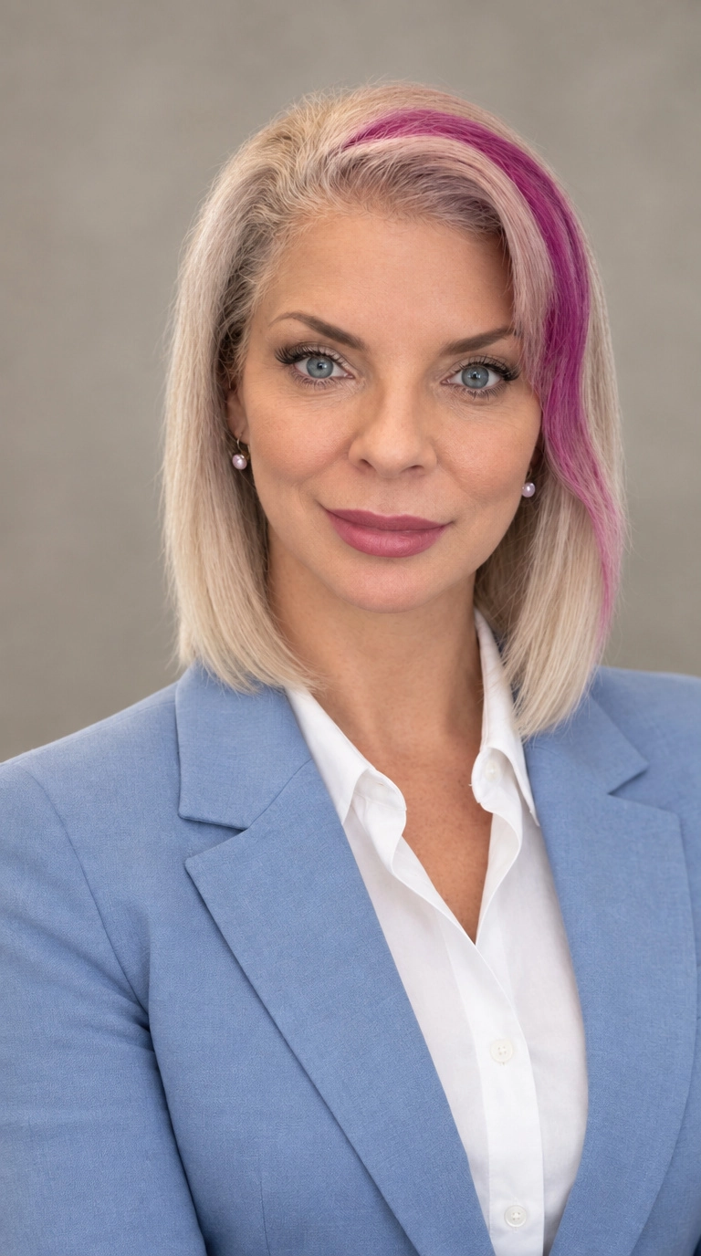 Portrait of a blonde woman in a light blue blazer and white blouse against a gray background