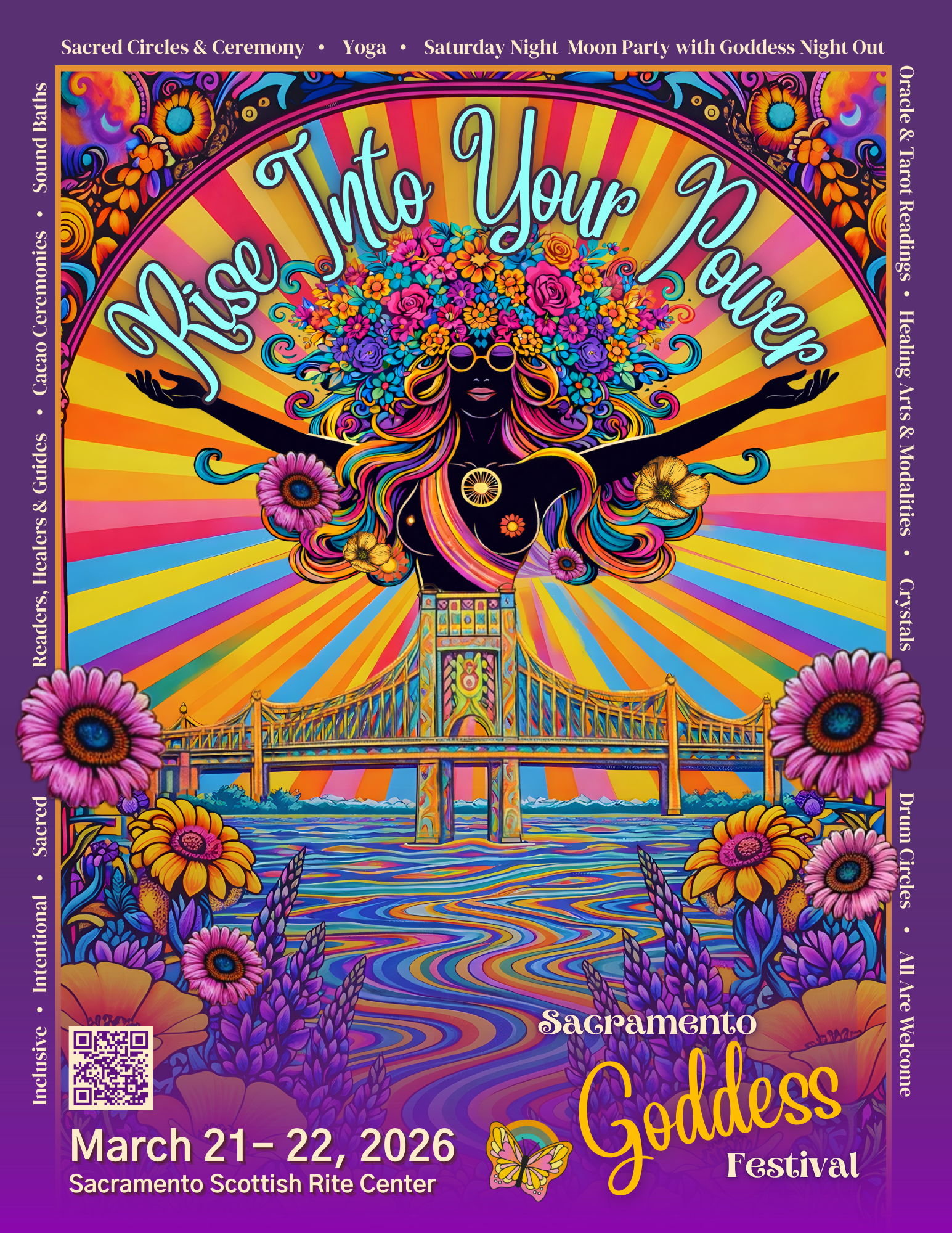 Sacramento Goddess Festival poster with bridge, woman, sunflowers, and text 