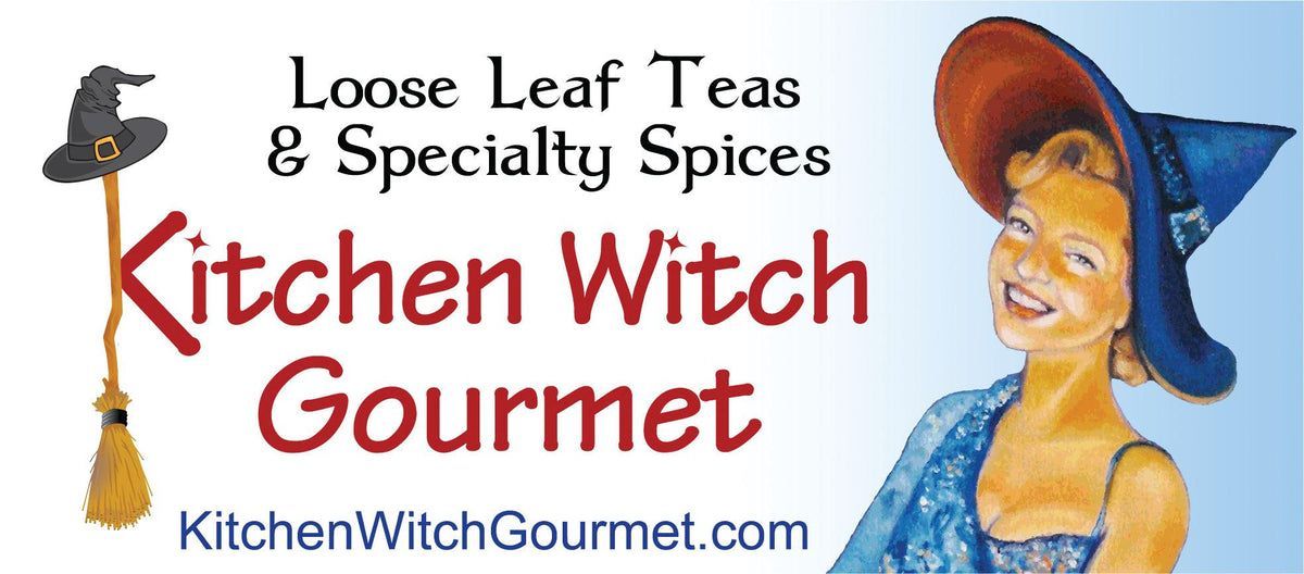 Kitchen Witch Gourmet logo with smiling woman in witch hat and broom.