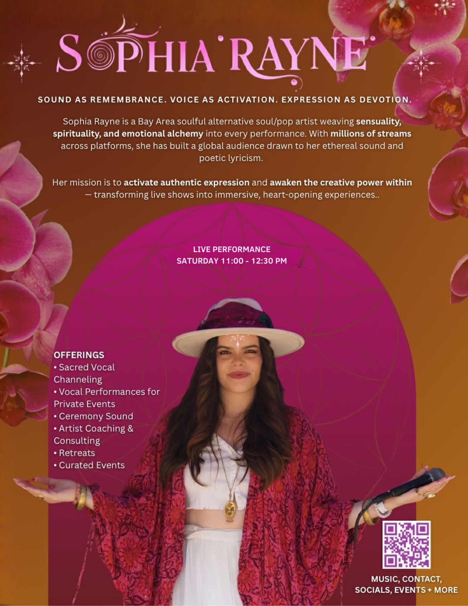 Poster: Sophia Rayne event, featuring a woman with a microphone. Pink orchids, and details about the event.