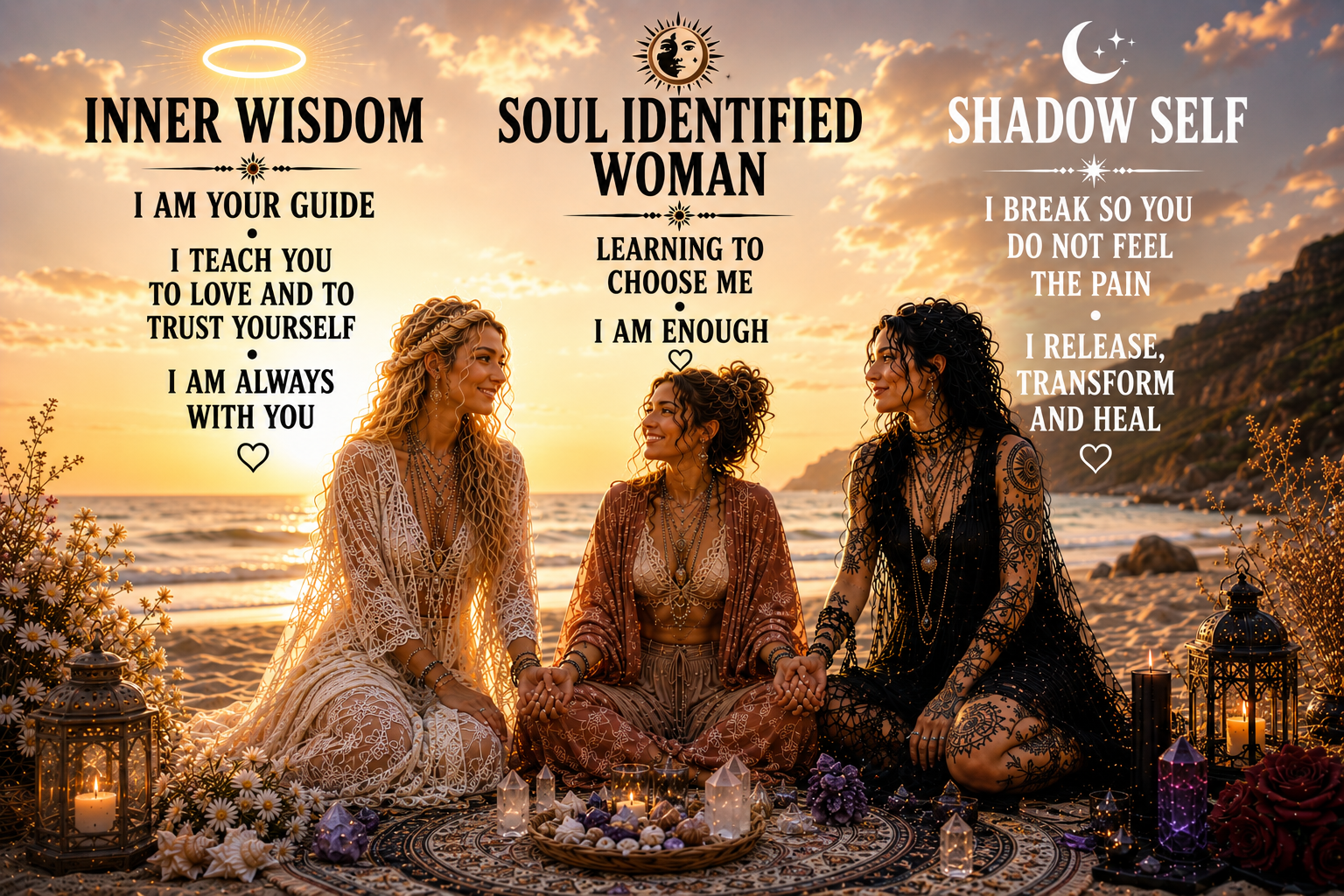 the women sitting on the beach, words say inner wisdom, soul identified woman, and shadow self
