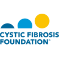 The logo for the cystic fibrosis foundation is blue and yellow.
