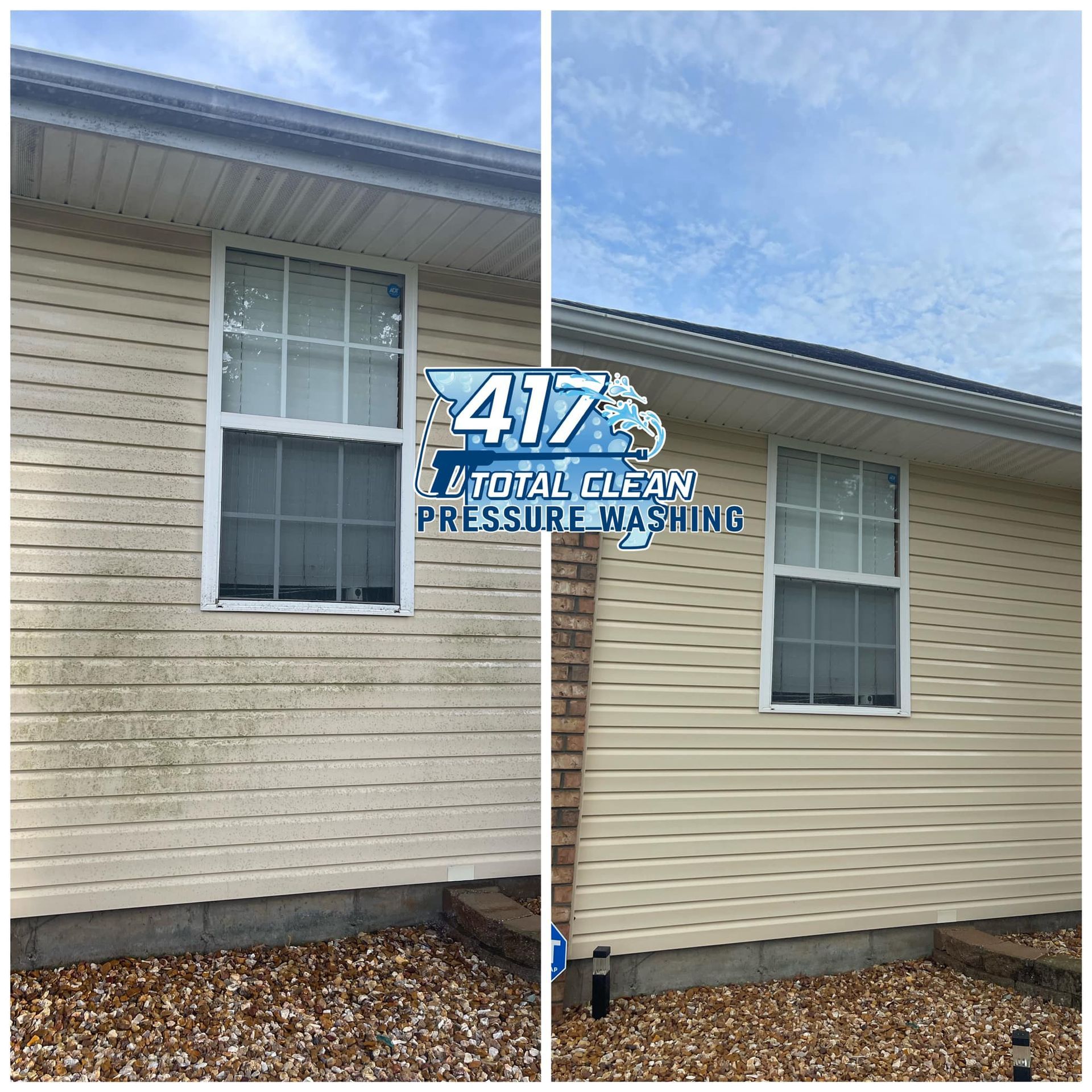 A before and after picture of a house that has been pressure washed.