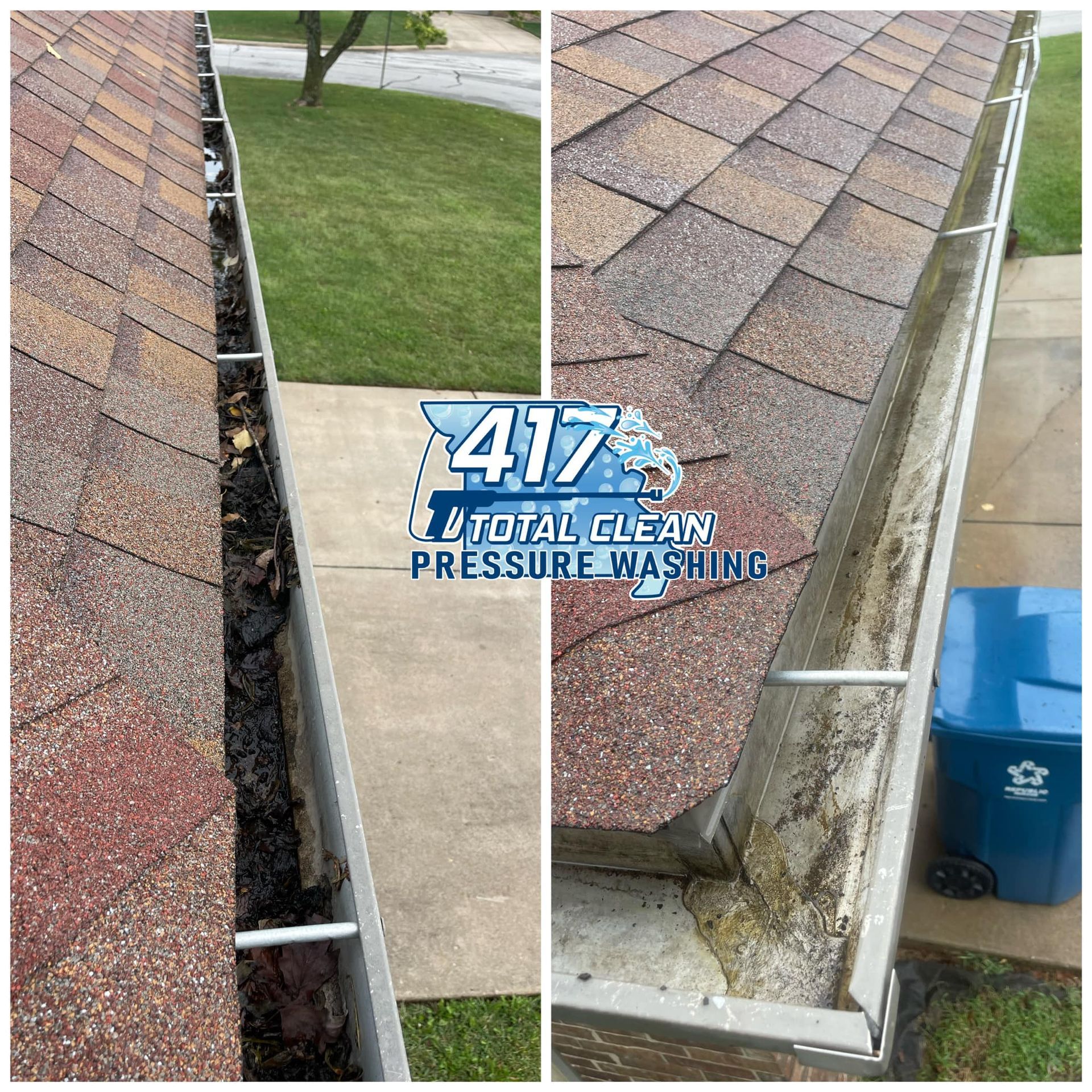 A before and after picture of a gutter being cleaned by 417 total clean pressure washing.