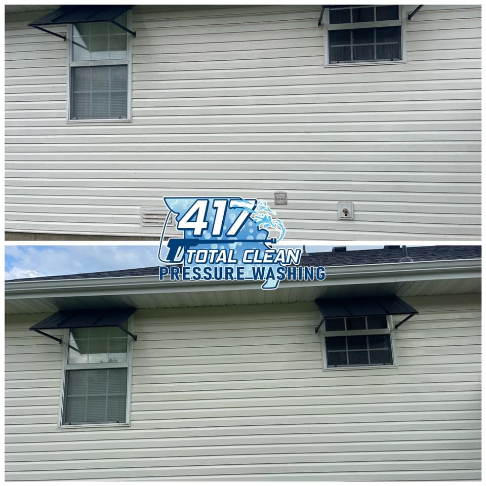 A before and after picture of a house that has been pressure washed.