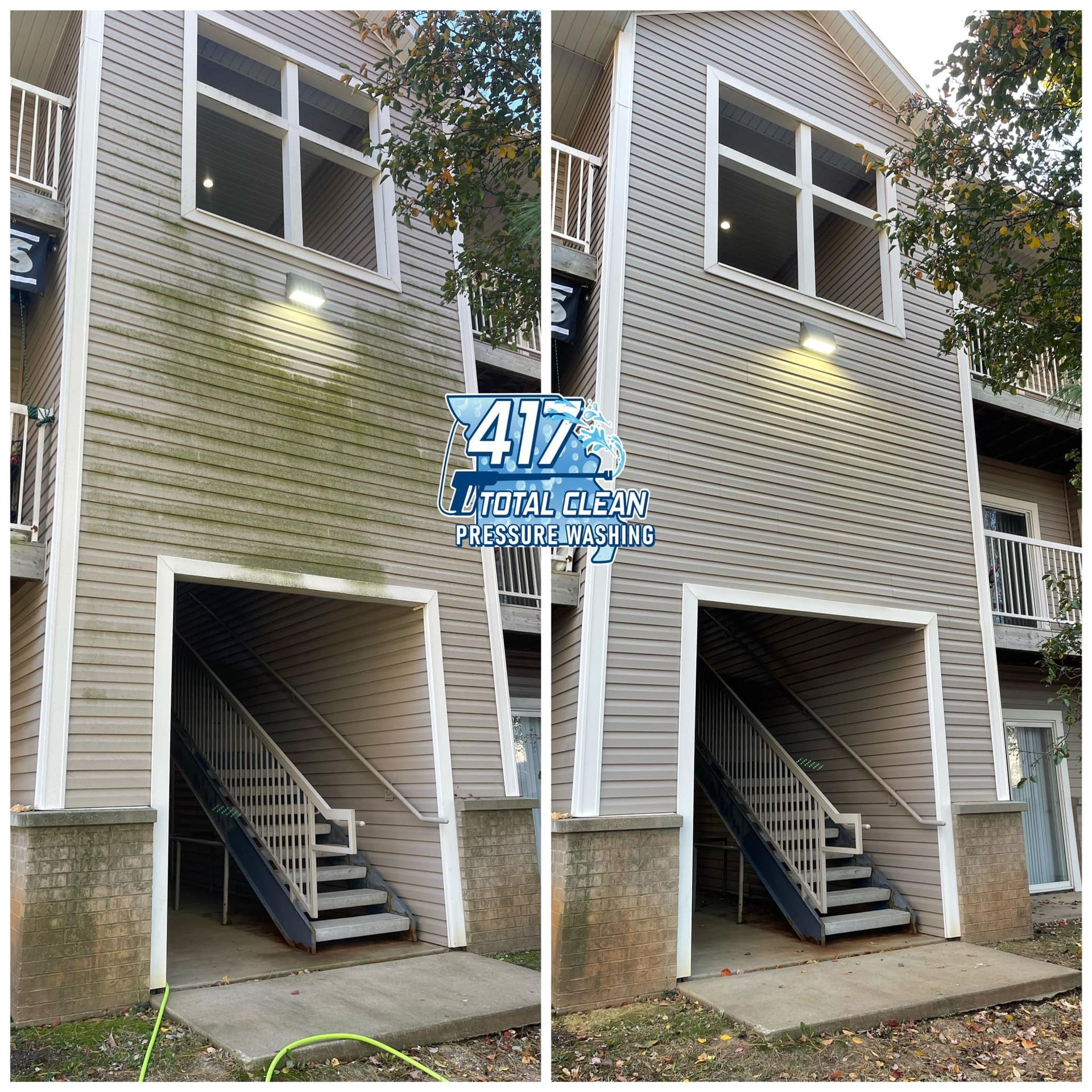 A before and after picture of a building with stairs.